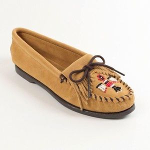 Tan thunderbird hard sole Minnetonka moccasins
